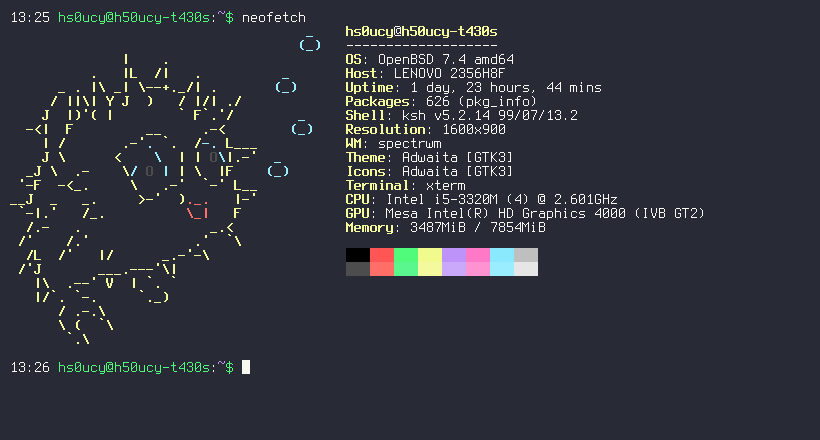 Terminal xterm affichant le résultat de la commande neofetch